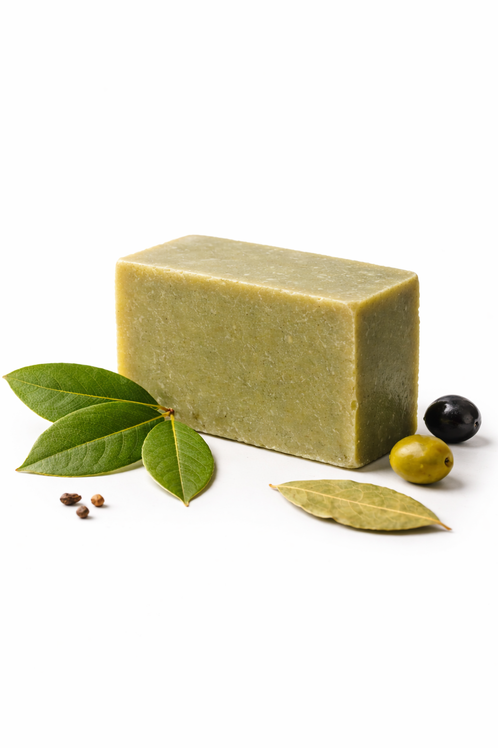 Aleppo Seife Sensitiv mit 70 % Olivenöl und 11 % Lorbeeröl – handgemachte Naturseife auf weißem Hintergrund