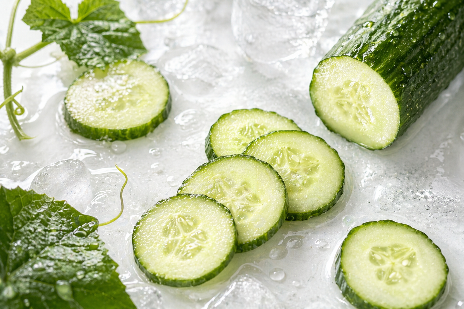 Frisches Duftbild mit Gurkenscheiben, Eis und Wassertropfen auf hellem Hintergrund für Cucumber fragrance oil