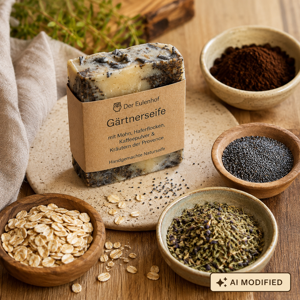 Gärtnerseife mit sichtbarem Kaffeepulver, Mohn, Haferflocken und Kräutern der Provence