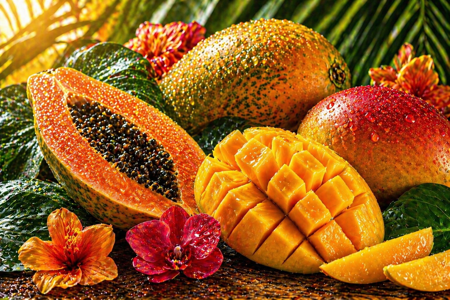 Tropisches Duftbild mit saftiger Papaya, Mango und exotischen Blüten in sonniger Atmosphäre für Juicy Papaya Mango Fragrance Oil