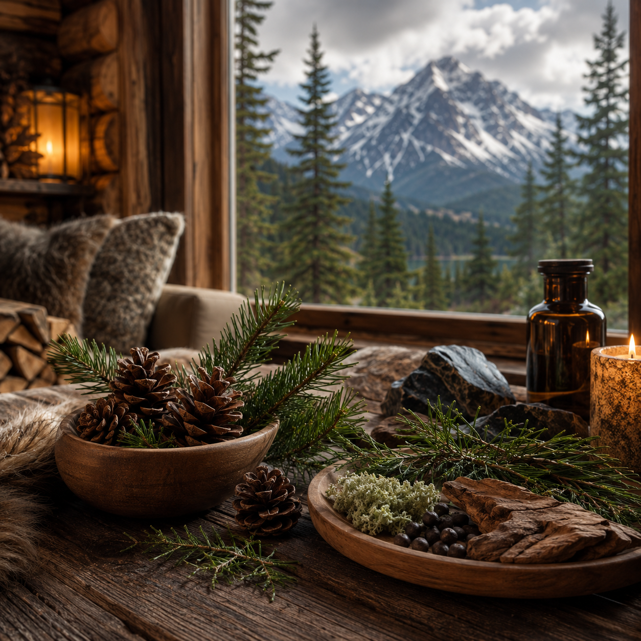 Gemütliche Berghütte mit Tannenzweigen, Zapfen, Holz und Alpenpanorama – Duftbild für das Parfümöl Mountain Lodge
