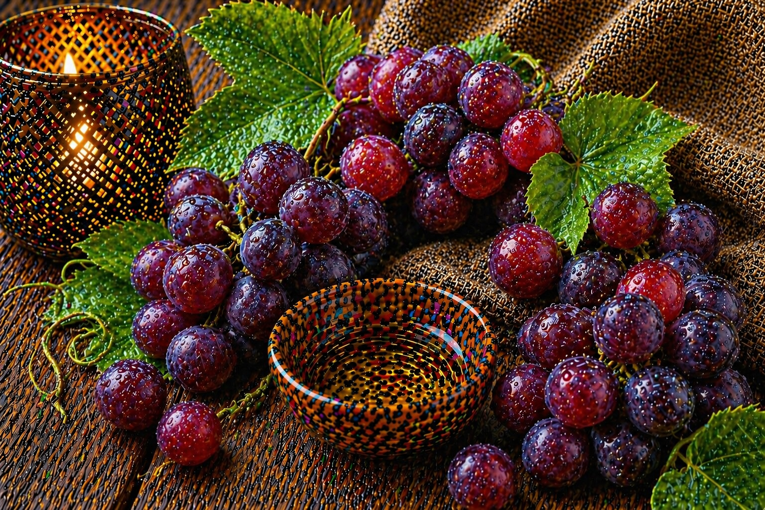 Fruchtiges Duftbild mit dunklen Muscadine-Trauben und natürlicher, saftig-warmer Atmosphäre auf rustikalem Hintergrund für Muscadine Fragrance Oil