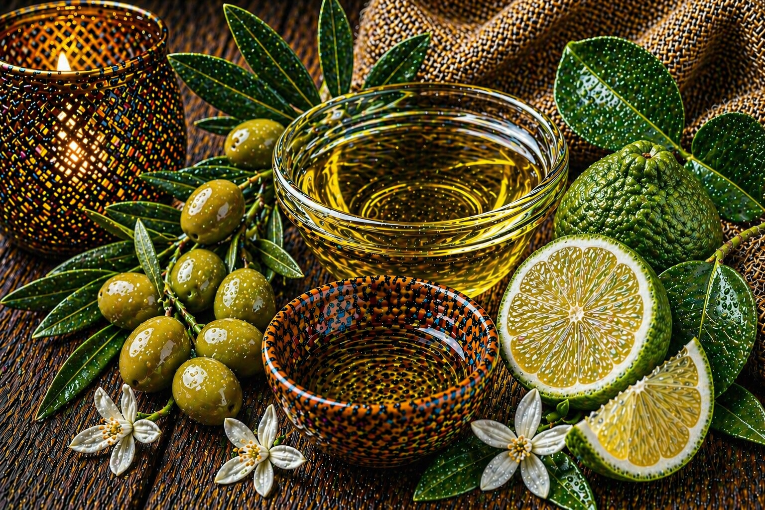 Frisches Duftbild mit Oliven, Bergamotte und natürlicher mediterraner Atmosphäre auf rustikalem Hintergrund für Olive Oil & Bergamot Fragrance Oil