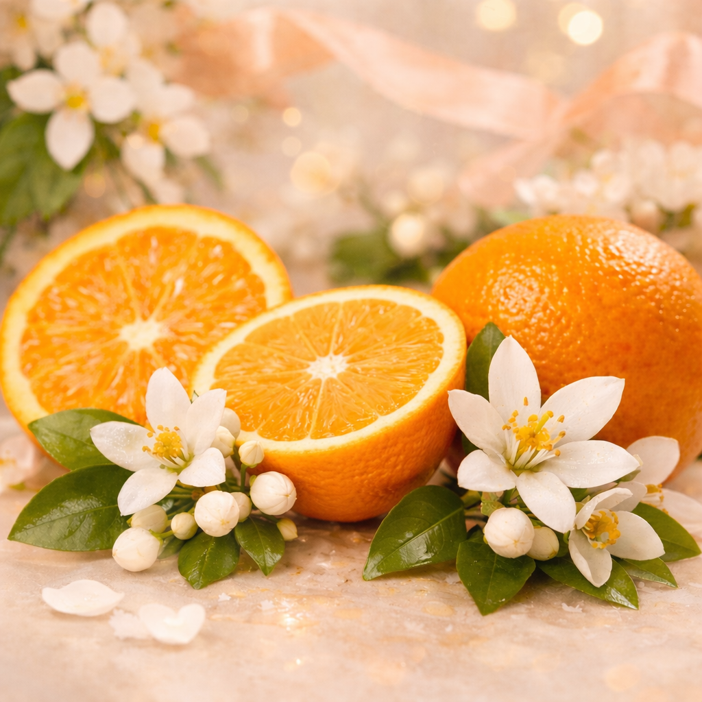 Frische Orangen und weiße Orangenblüten auf hellem Hintergrund als Duftbild für ein süßliches, florales Parfümöl mit Zitrusnote