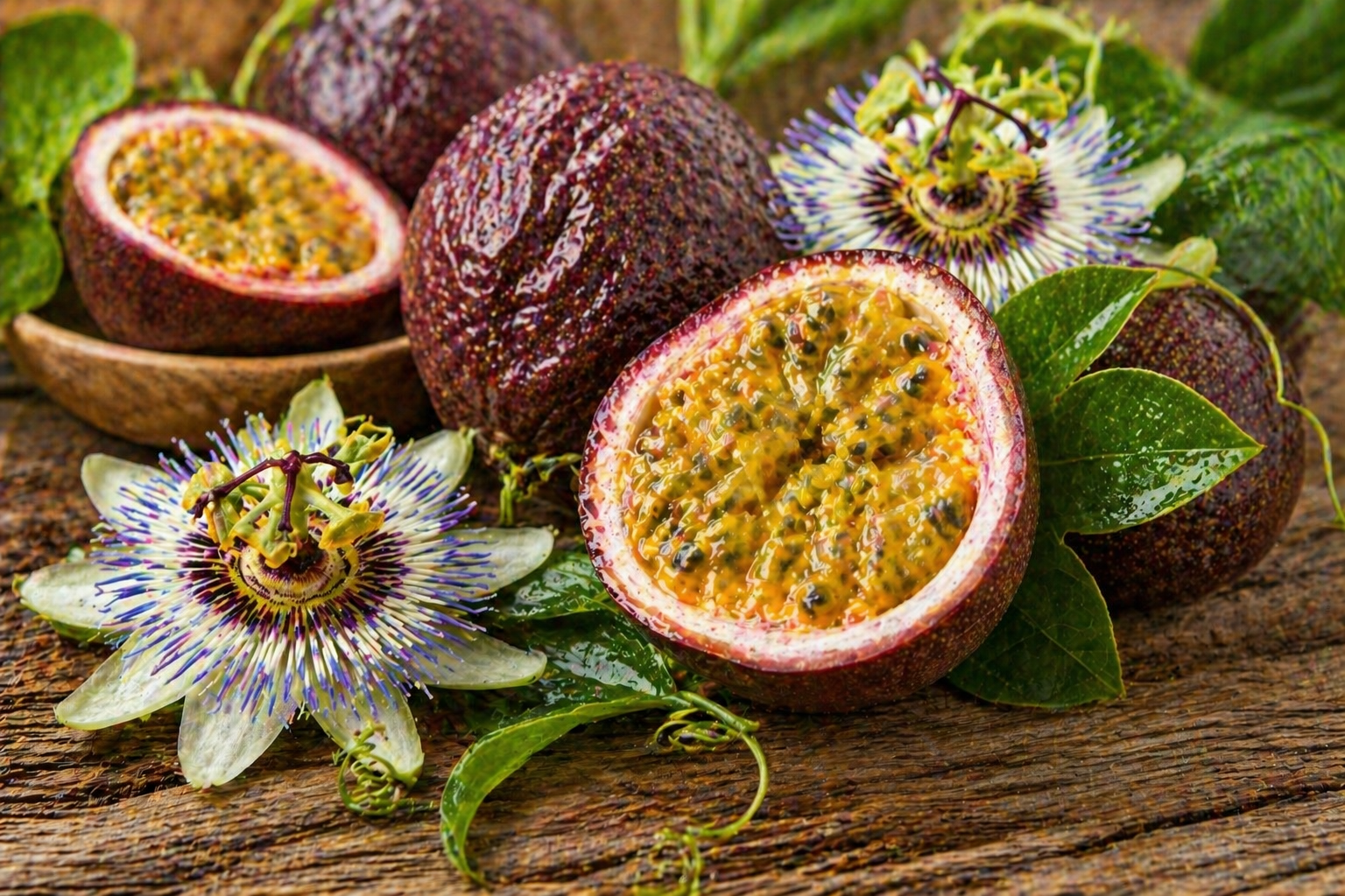 Tropisches Duftbild mit Passionsfrucht, geöffneter Maracuja und exotischen Blüten auf natürlichem Hintergrund für Passionfruit Fragrance Oil