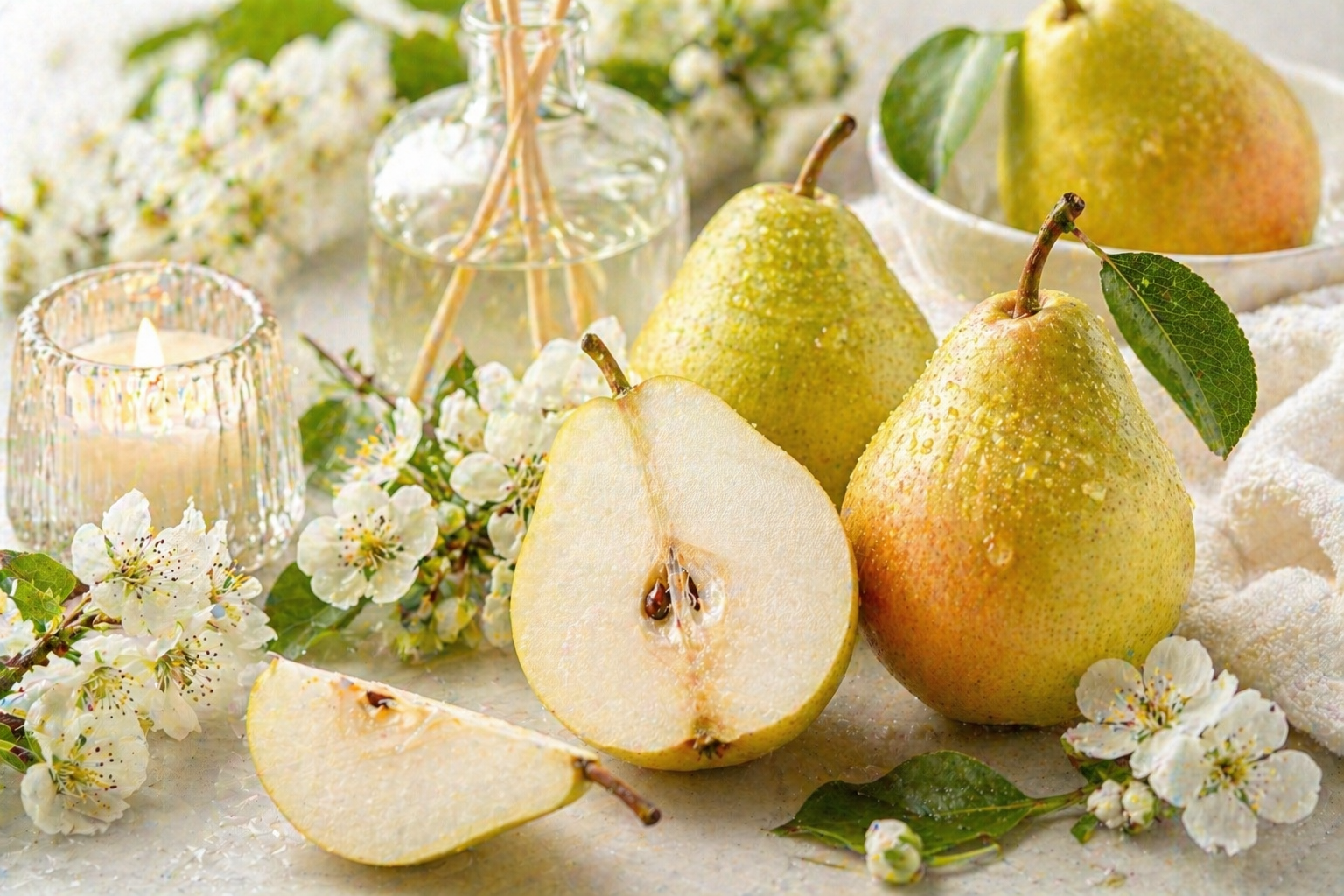 Helles Duftbild mit Birnen, Birnenblüten und frischen grünen Blättern auf hellem Hintergrund für Pear Fragrance oil