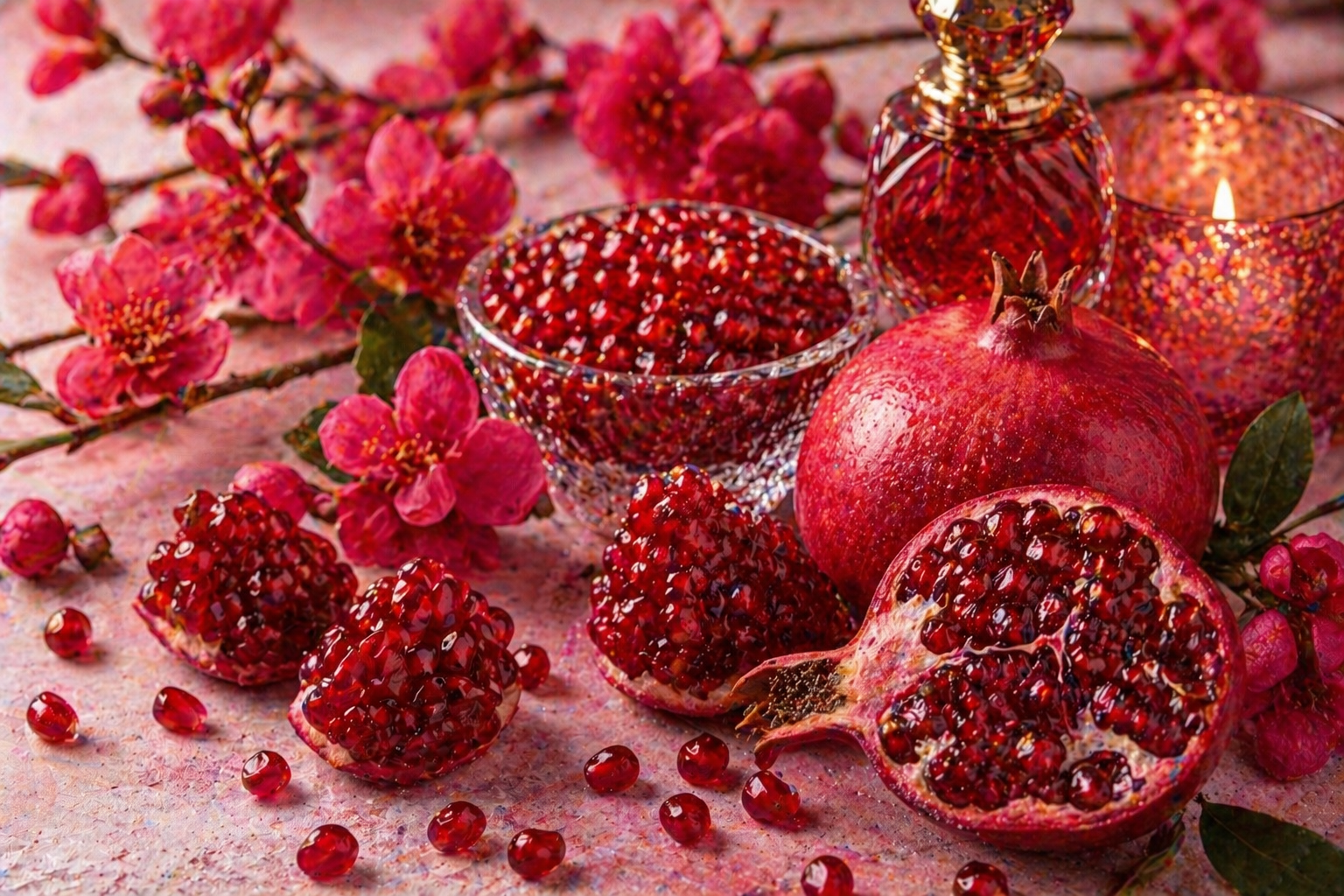Intensives Duftbild mit Granatapfel, Granatapfelkernen und dunklen pinken Blüten auf hellem Hintergrund für Pomegranate Intense Fragrance oil