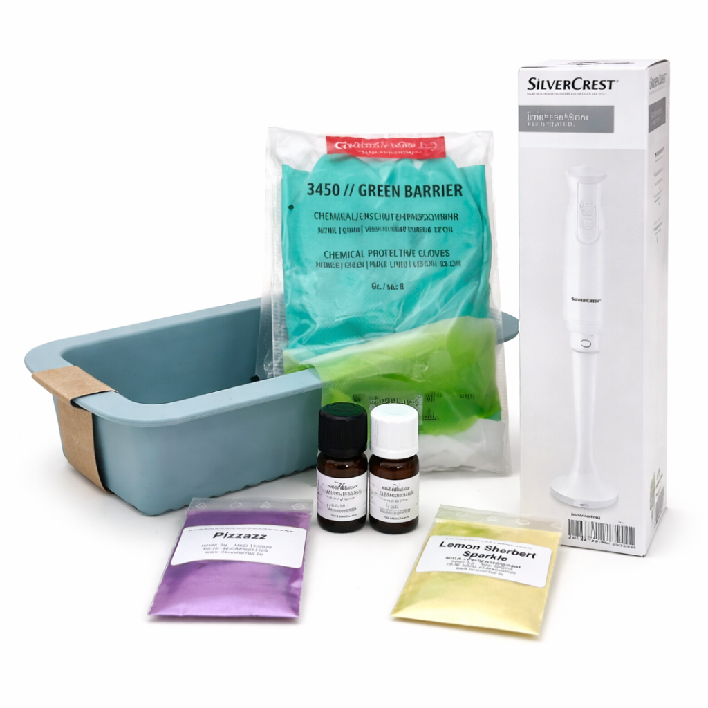 Zubehör für Seife selber machen im Kaltverfahren mit Mixer, Seifenformen und Schutzhandschuhen.