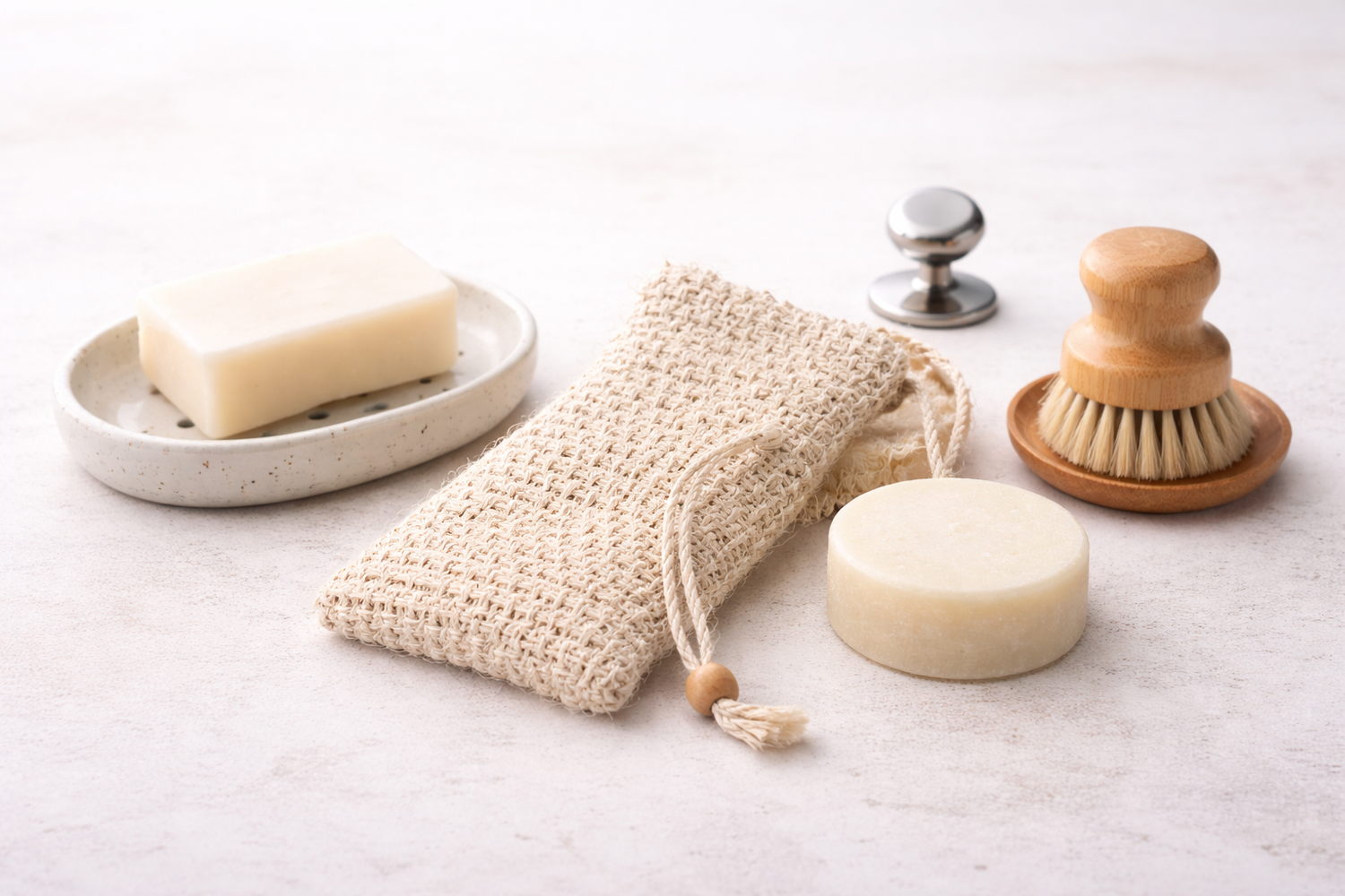 Zubehör und Haushaltshelfer für Seifen mit Seifenschale, Seifensäckchen und Bürste
