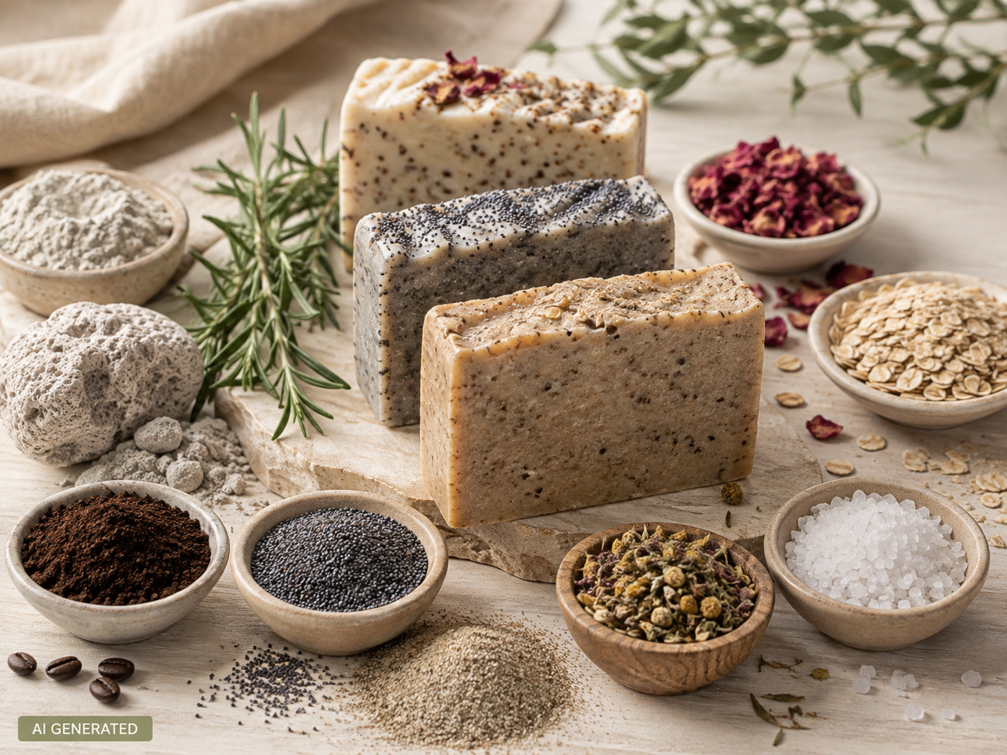 Handgefertigte Peelingseifen mit Kaffee, Mohn, Sand, Kräutern, Salz, Haferflocken, Rosenblüten, Bimsmehl und Rosmarin