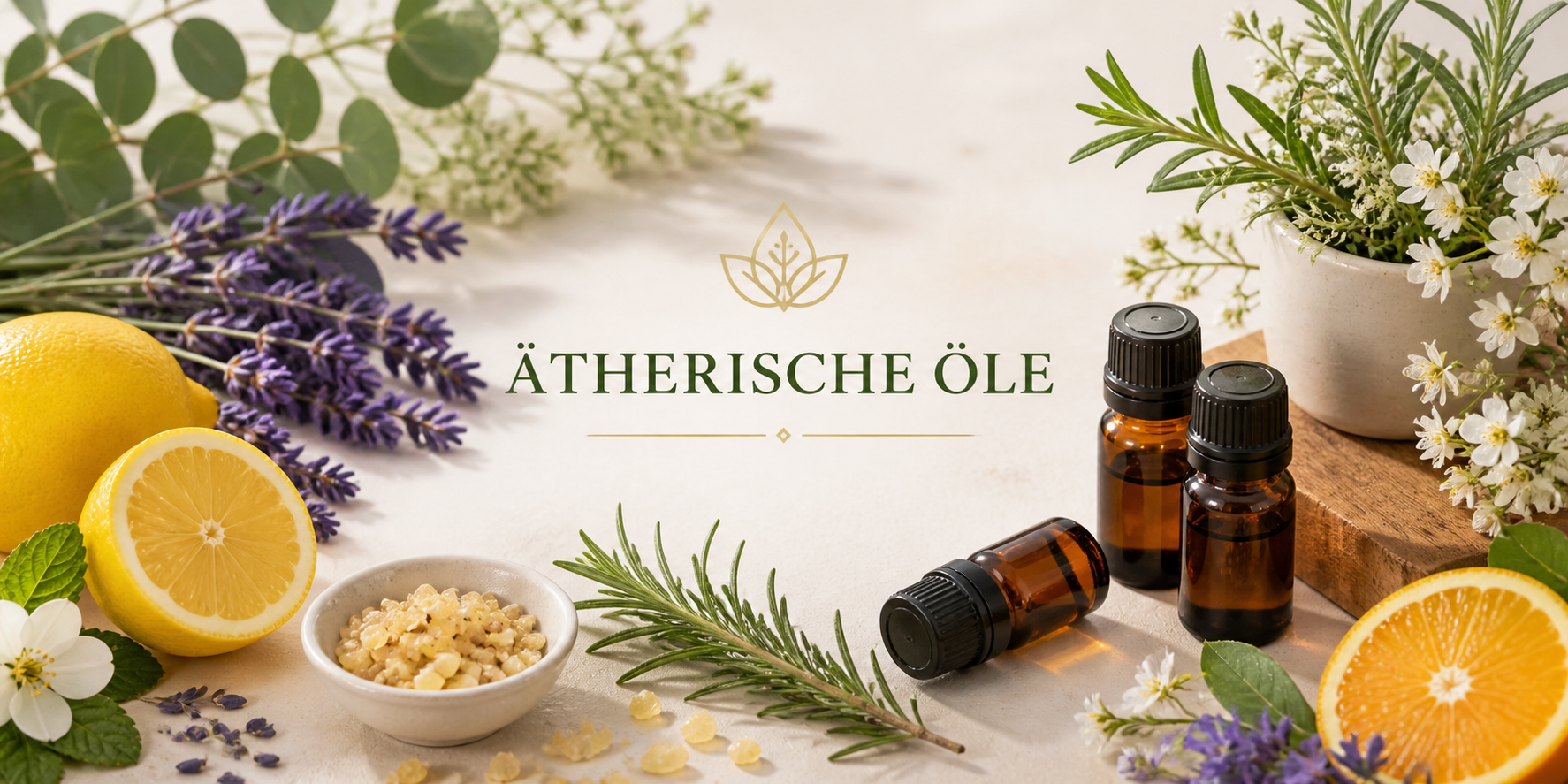 Hochwertiges Bannerbild für ätherische Öle mit Lavendel, Zitrusfrüchten, Rosmarin, Eukalyptus, Blüten und kleinen Braunglasflaschen in heller natürlicher Duftwelt