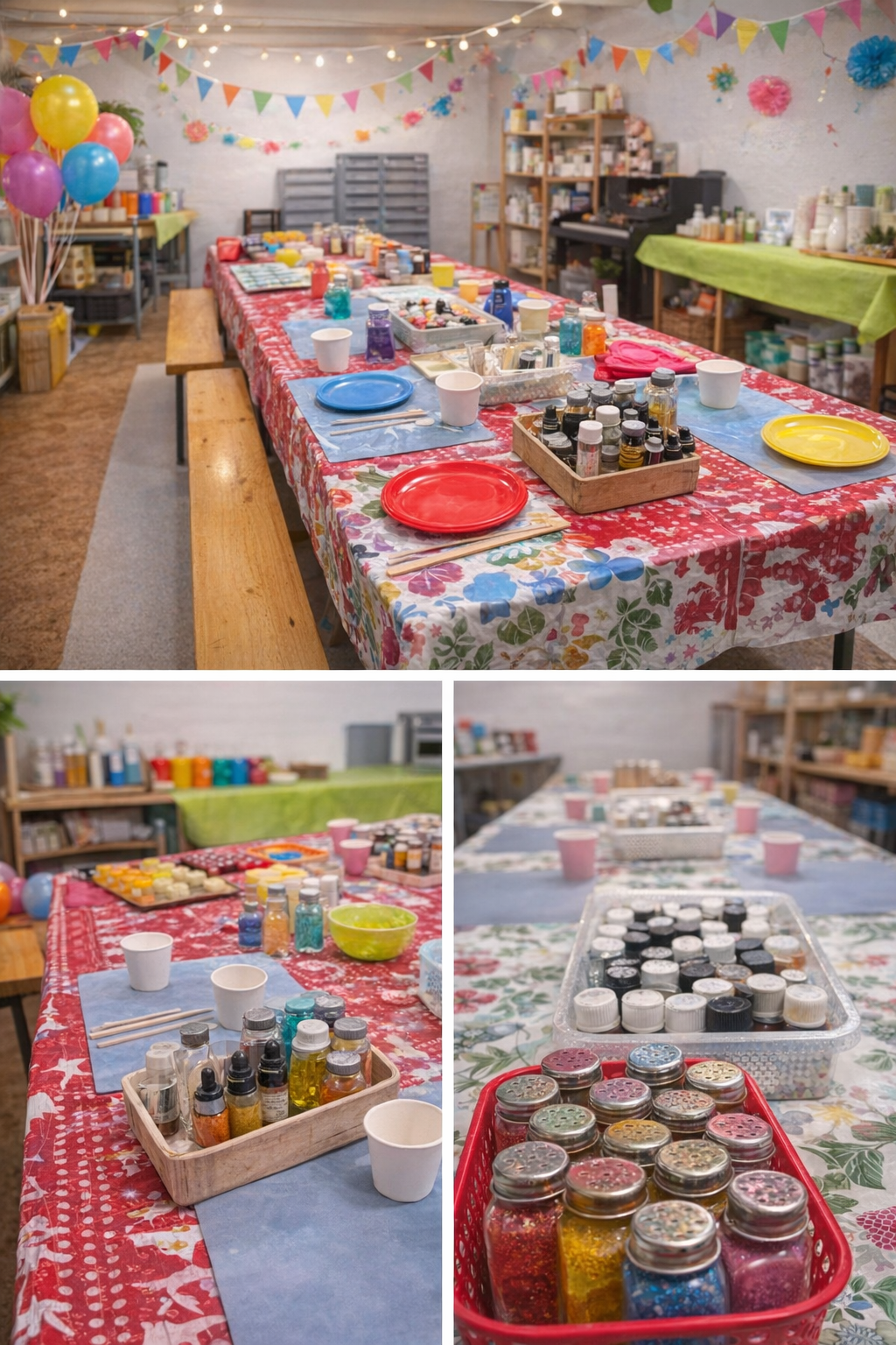 Kindergeburtstag im Kreativ-Workshop mit festlich dekoriertem Tisch, bunten Materialien und einladender Geburtstagsatmosphäre