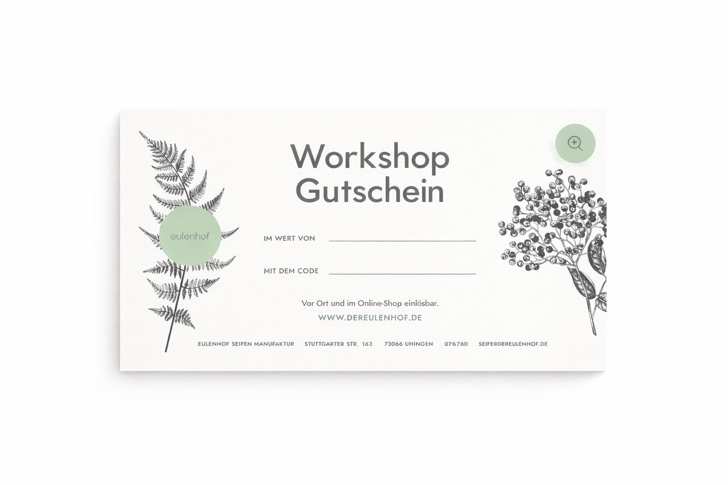 Workshop Gutschein von Eulenhof im natürlichen Design mit botanischen Illustrationen