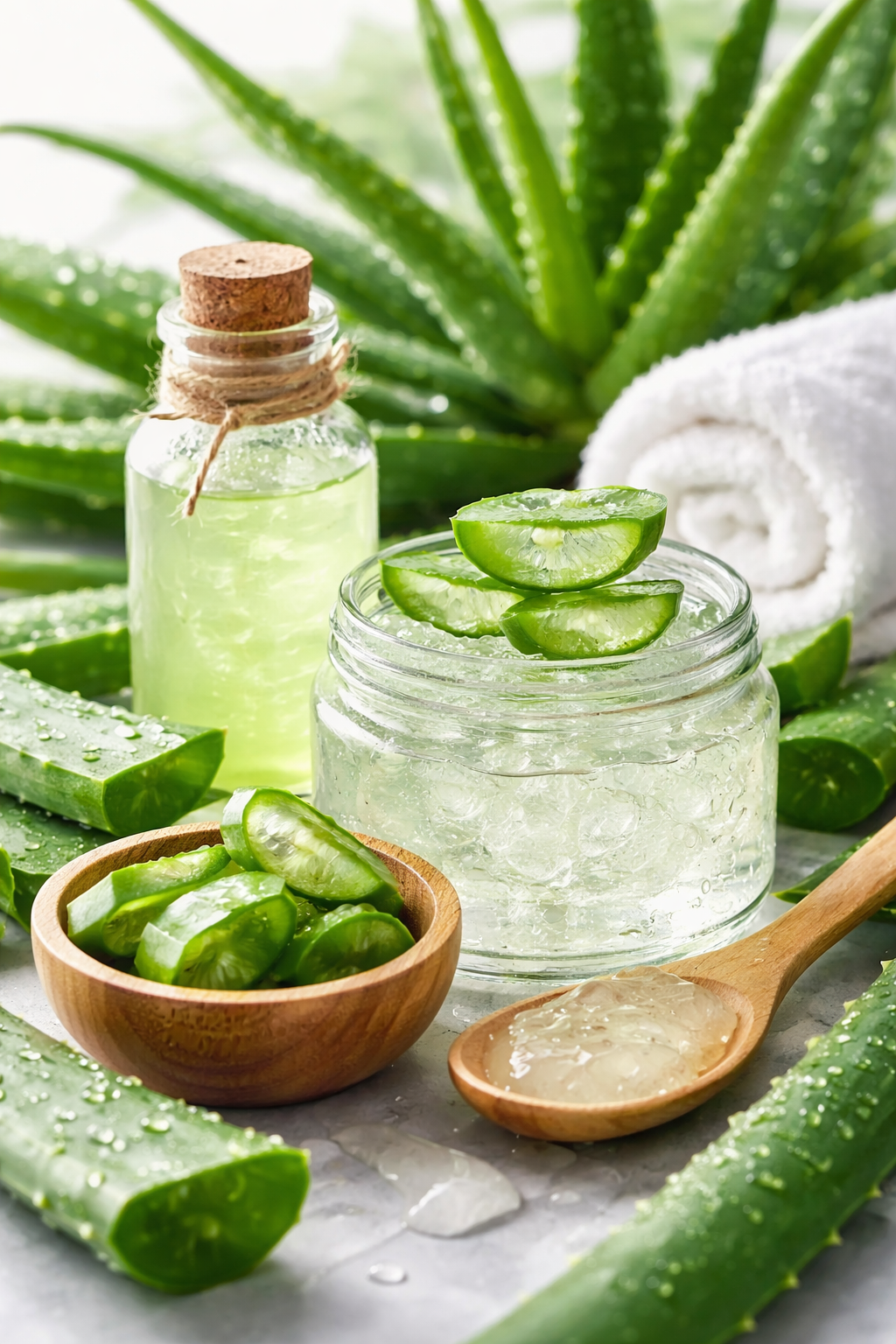 Aloe Vera Gel in einem offenen Glas mit frischen Aloe Vera Blättern, Holzschale, Holzlöffel und einer kleinen Glasflasche auf hellem Hintergrund in natürlicher Wellness-Optik