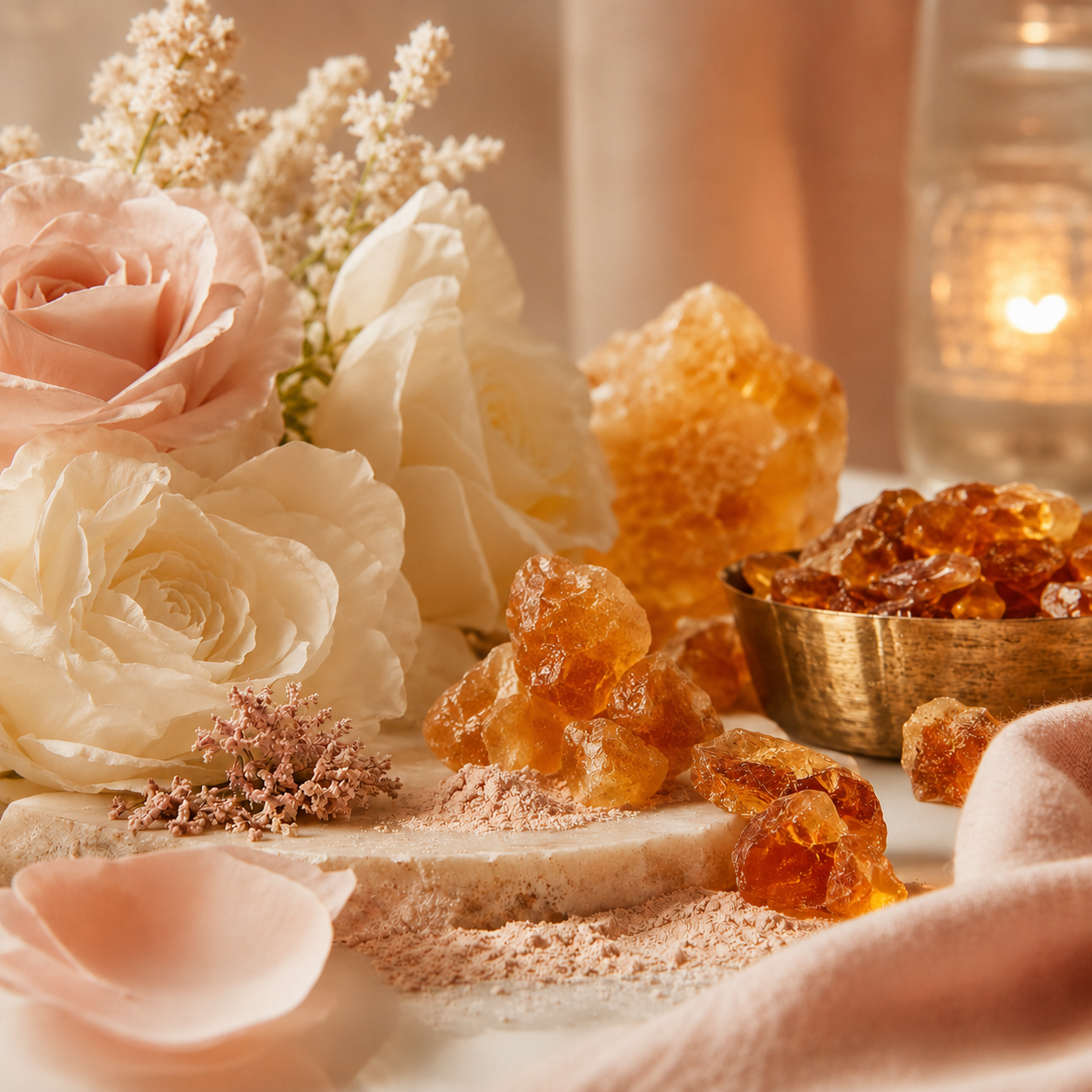 Amber Glow Parfümöl mit romantischem Blütenduft, pudrigen Noten und sanfter Amber-Süße von Der Eulenhof