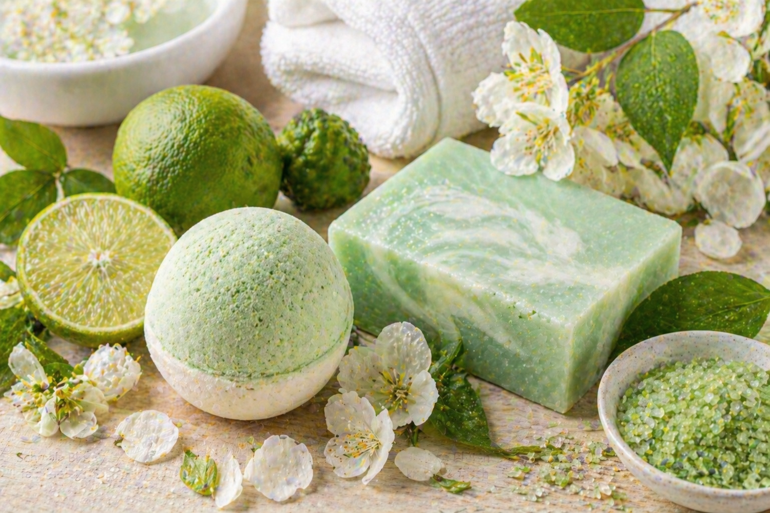 Frisches Duftbild mit grünen Zitrusnoten, Badeelementen und hellen Blüten auf hellem Hintergrund für Avobath Fragrance Oil
