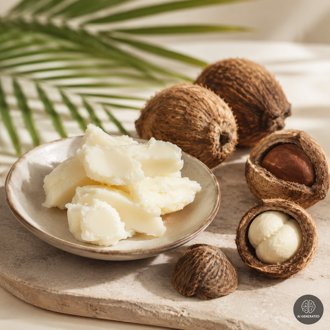 Raffiniertes Babassuöl mit Babassunüssen als Rohstoff für Seifen und Kosmetik