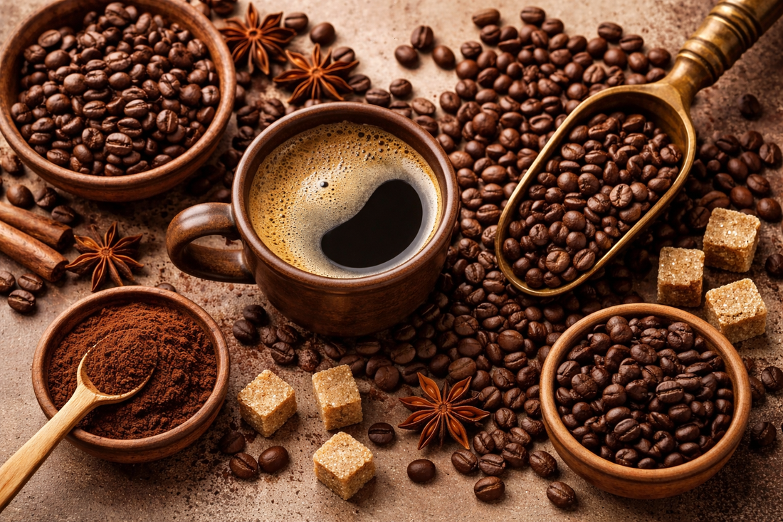 Kaffeebohnen, gemahlener Kaffee und dunkler Kaffee in warmem Arrangement als Duftbild für ein tiefes, aromatisches Parfümöl