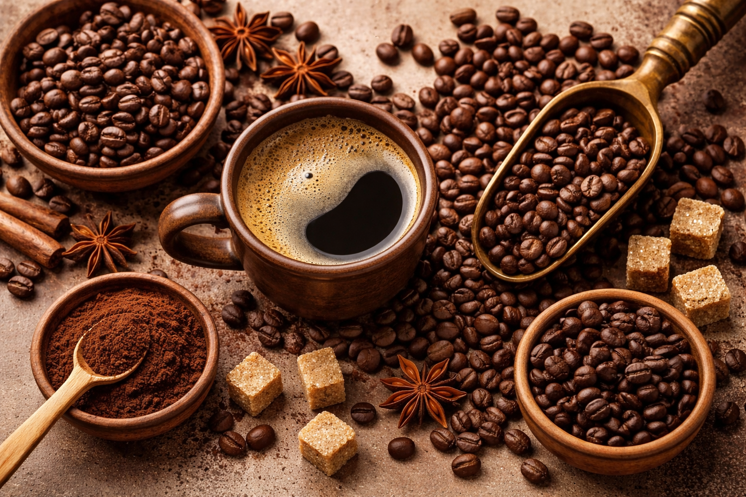 Kaffeebohnen, gemahlener Kaffee und dunkler Kaffee in warmem Arrangement als Duftbild für ein tiefes, aromatisches Parfümöl