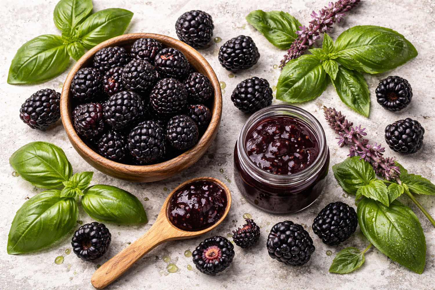Frische Brombeeren und grüne Basilikumblätter auf hellem Hintergrund als Duftbild für ein fruchtig-krautiges Parfümöl