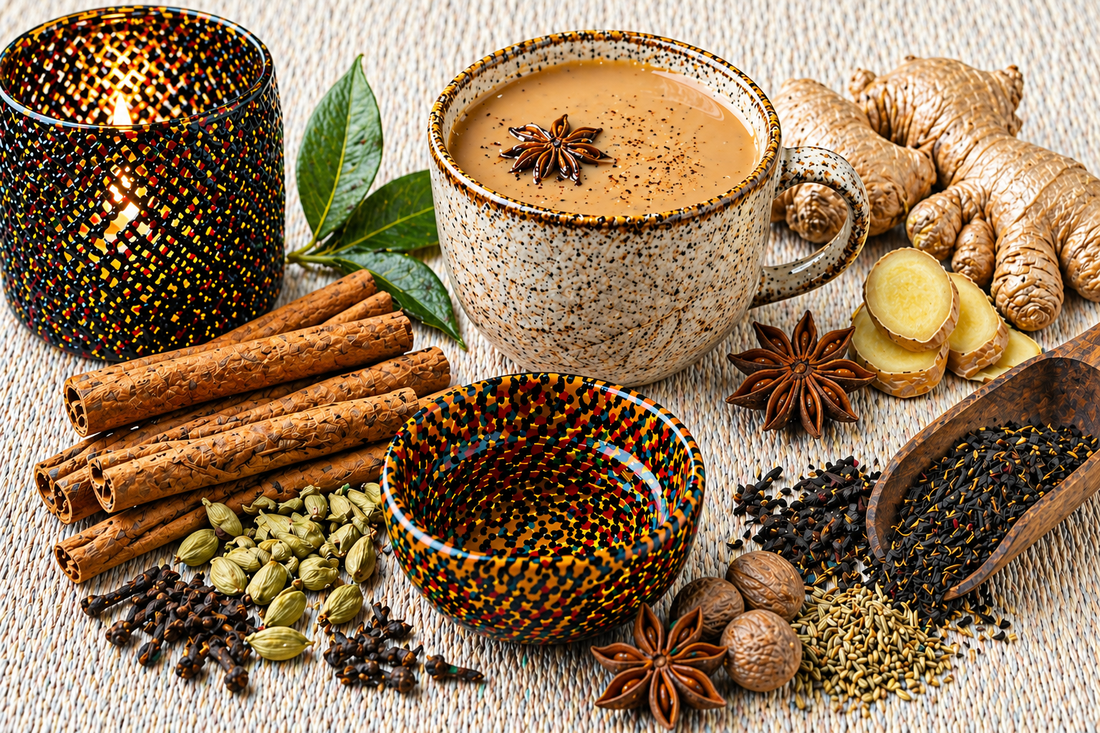 Warmes Duftbild mit Chai-Tee, Zimtstangen, Kardamom, Sternanis und gemütlicher Gewürztee-Atmosphäre auf hellem Hintergrund für Chai Tea Fragrance Oil