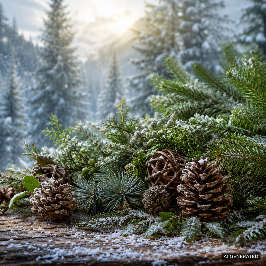 Stimmungsbild für Christmas Forest mit verschneiten Tannenzweigen, Nadelholz und Zapfen – passend zum frischen, grünen und harzigen Duftcharakter des Parfümöls.