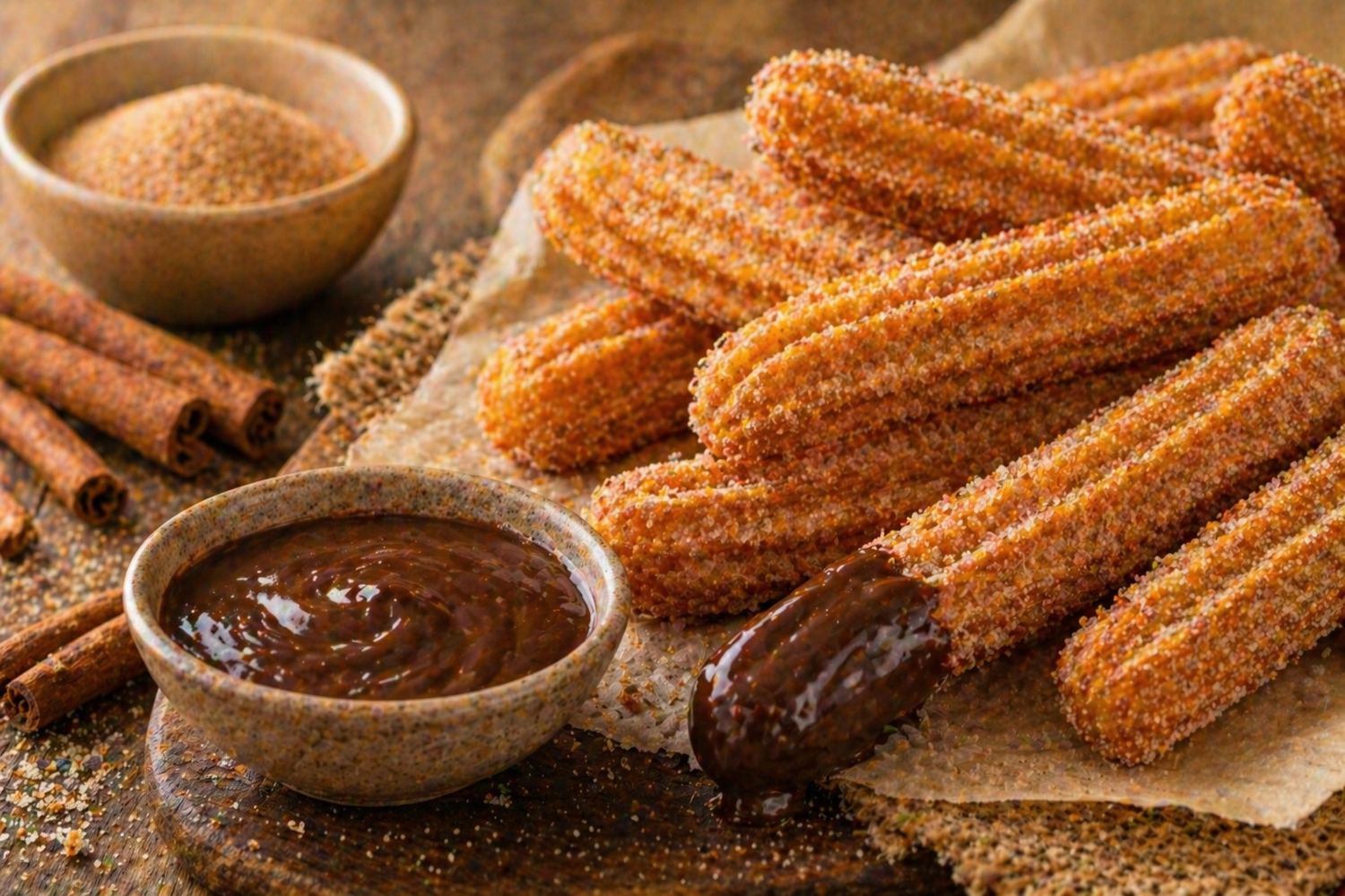 Warmes Duftbild mit Churros, Zimt-Zucker und Schokoladensauce auf rustikalem Hintergrund für Churros Fragrance Oil
