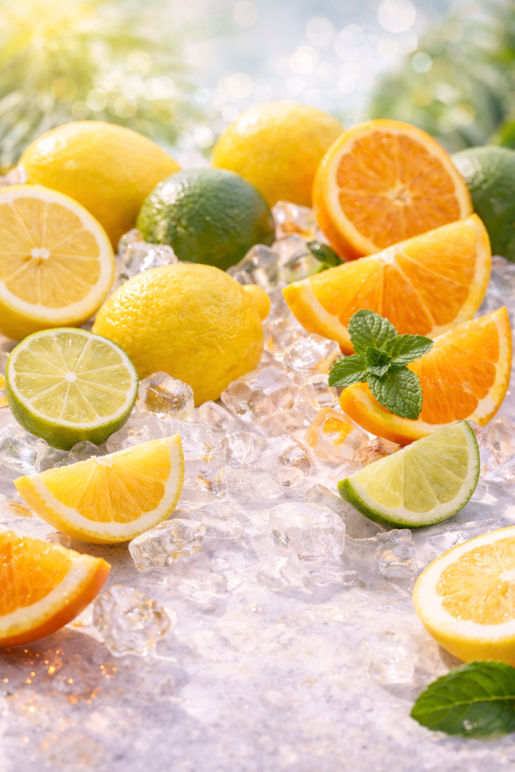 Zitronen, Orangen und Limetten auf Eis mit frischer Minze als Duftbild für ein spritzig-frisches Parfümöl mit intensiver Citrusnote