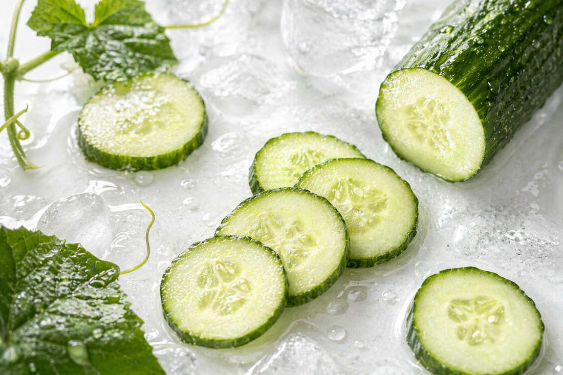 Frisches Duftbild mit Gurkenscheiben, Eis und Wassertropfen auf hellem Hintergrund für Cucumber fragrance oil