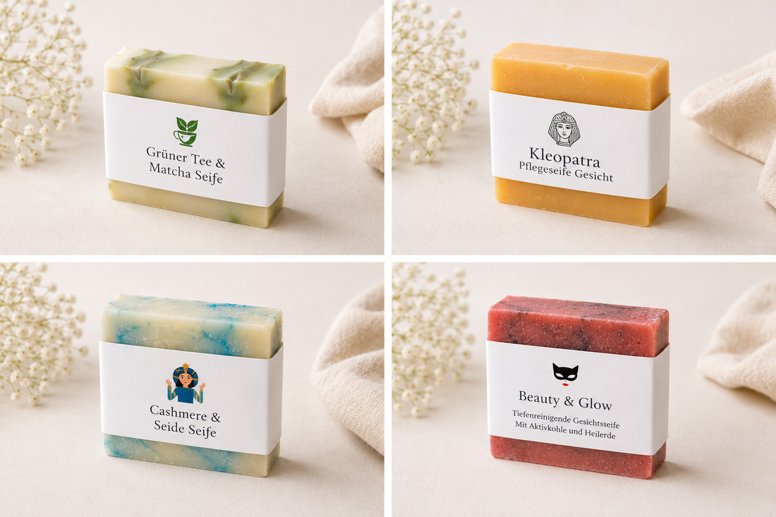 4 handgemachte Gesichtsseifen von Eulenhof im Überblick: Grüner Tee &amp; Matcha, Kleopatra, Cashmere &amp; Seide und Beauty &amp; Glow für verschiedene Hautbedürfnisse
