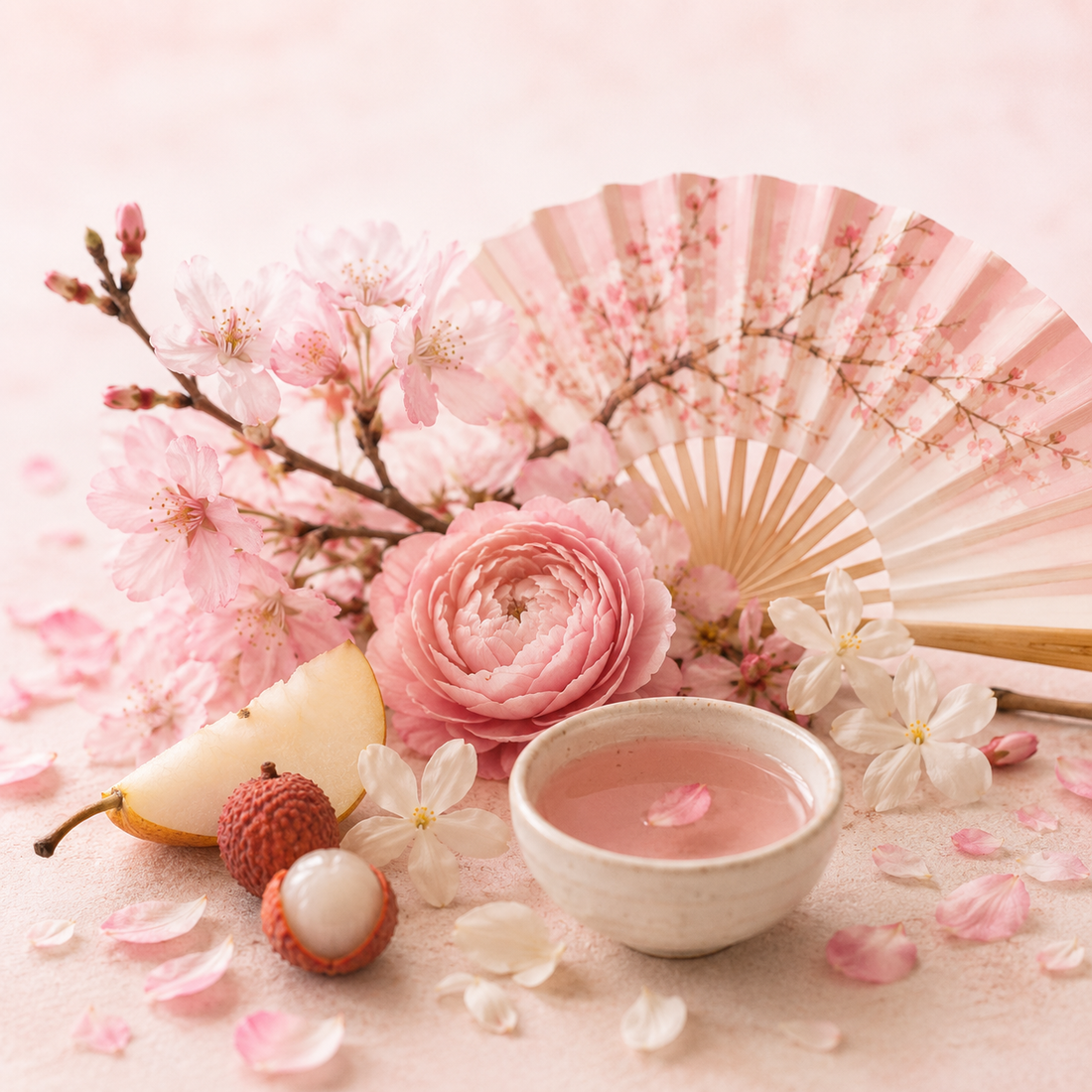 Illustration des Geisha Spring Parfümöls mit Kirschblüten, Jasmin und zarten Frühlingsblüten