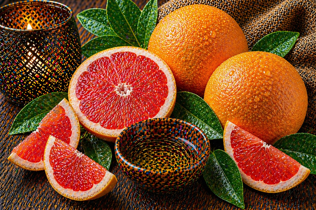 Frisches Duftbild mit rosa Grapefruit, Grapefruitspalten und grünen Blättern in natürlicher, belebender Atmosphäre für Grapefruit Fragrance Oil