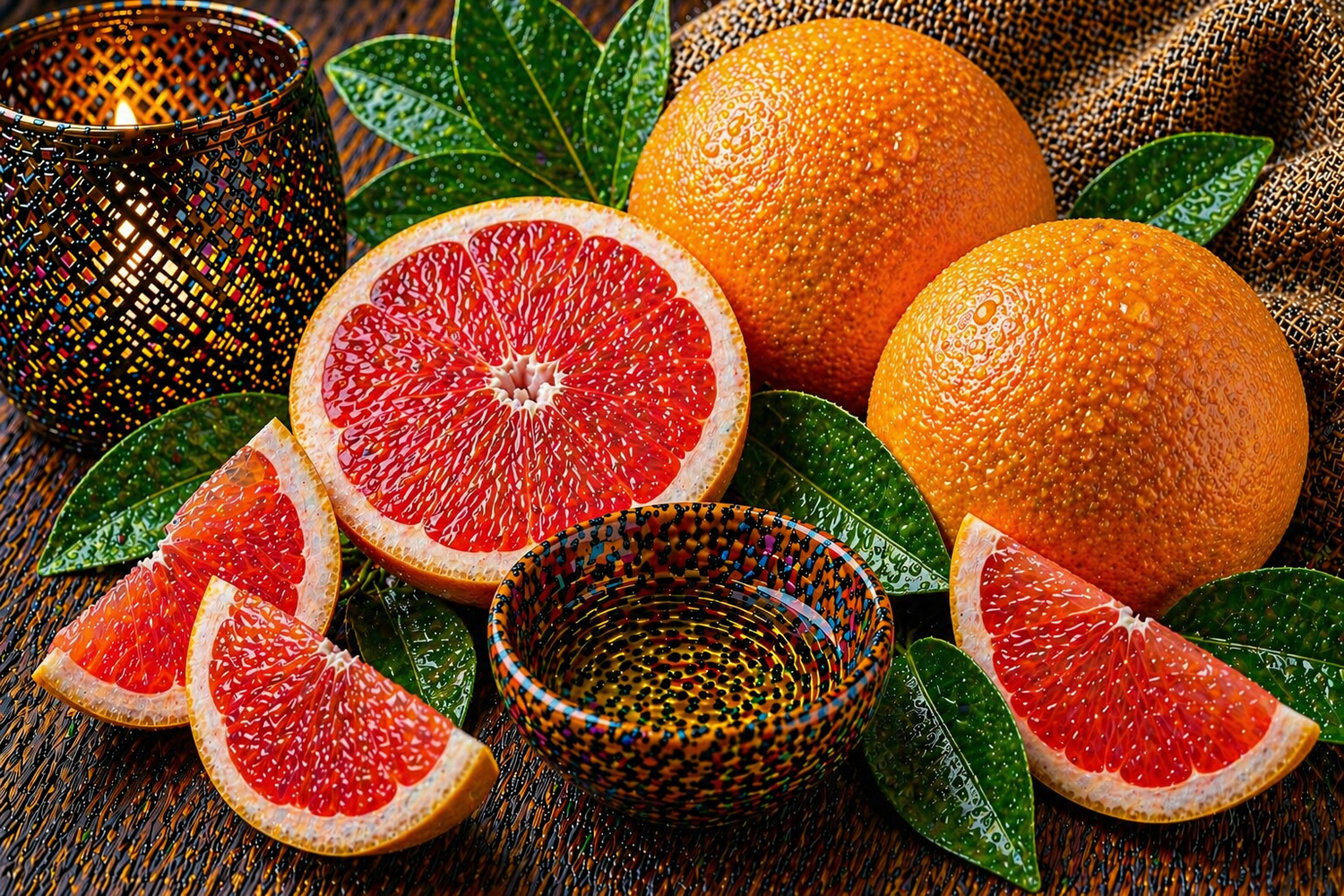 Frisches Duftbild mit rosa Grapefruit, Grapefruitspalten und grünen Blättern in natürlicher, belebender Atmosphäre für Grapefruit Fragrance Oil