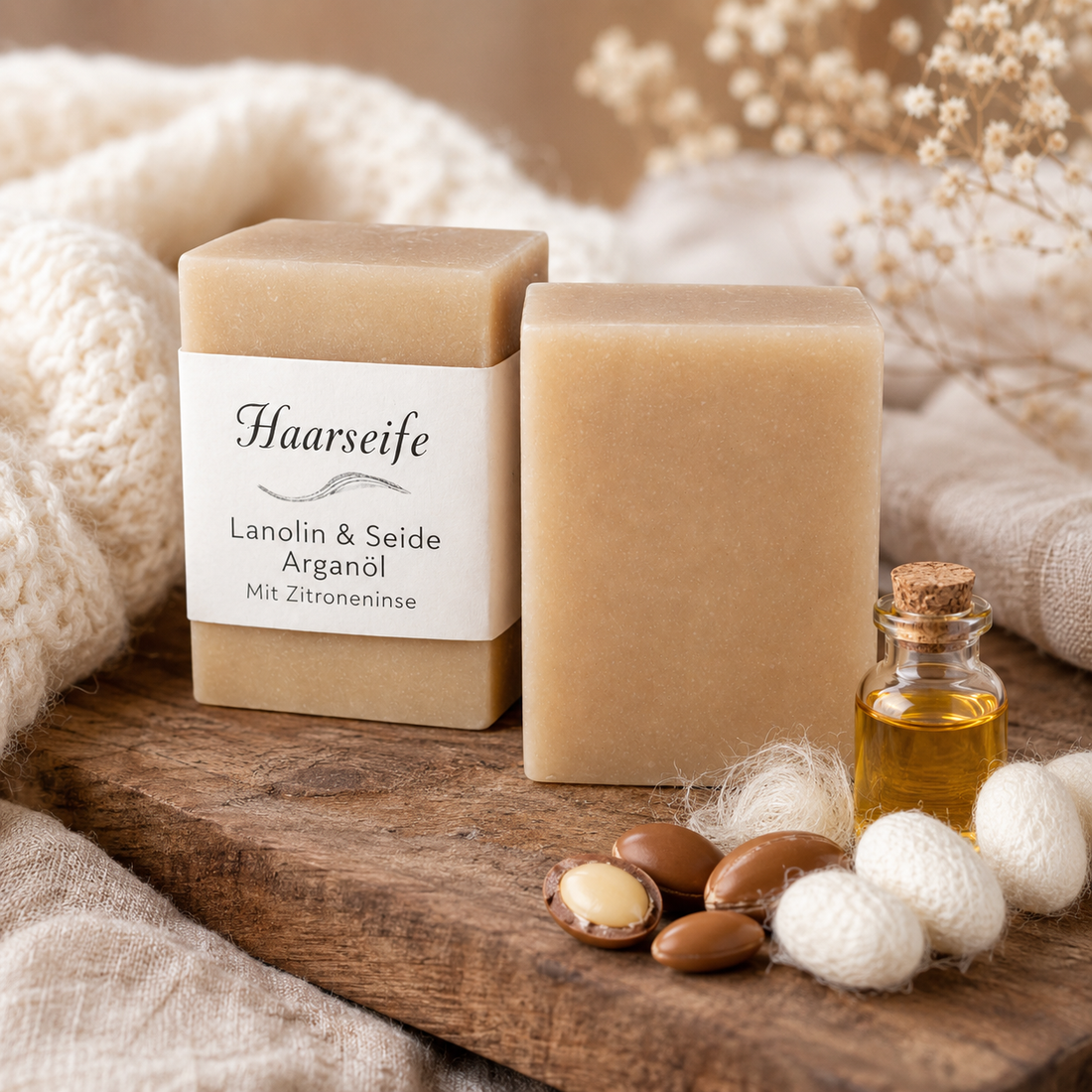 Haarseife mit Lanolin, Seide und Arganöl als handgesiedetes Seifenstück