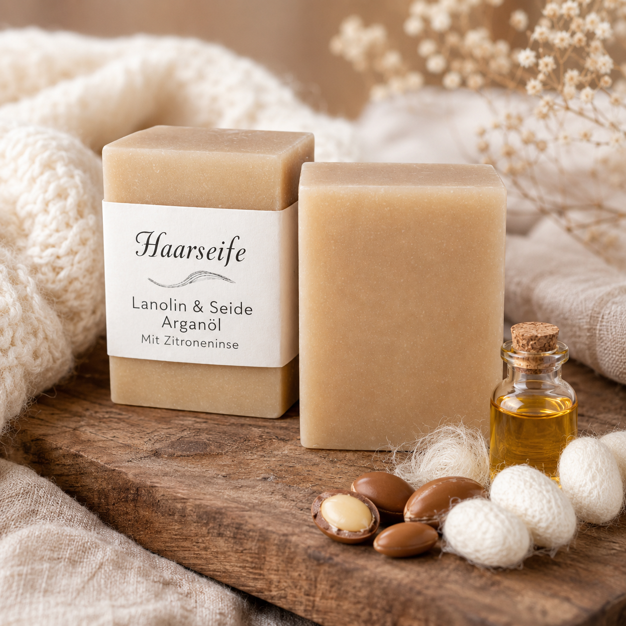 Haarseife mit Lanolin, Seide und Arganöl als handgesiedetes Seifenstück