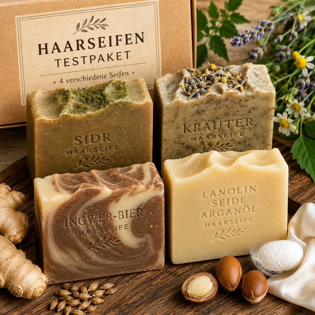 Haarseifen-Testpaket mit Sidr-, Kräuter-, Ingwer-Bier- und Lanolin-Haarseife