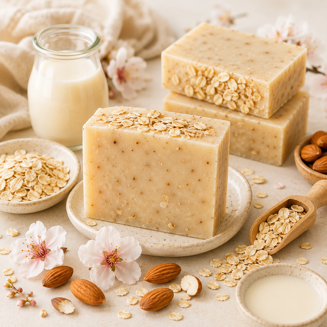 Handgesiedete Hafermilch Seife mit Haferflocken, Mandeln und cremigem Mandel-Marzipan-Duft