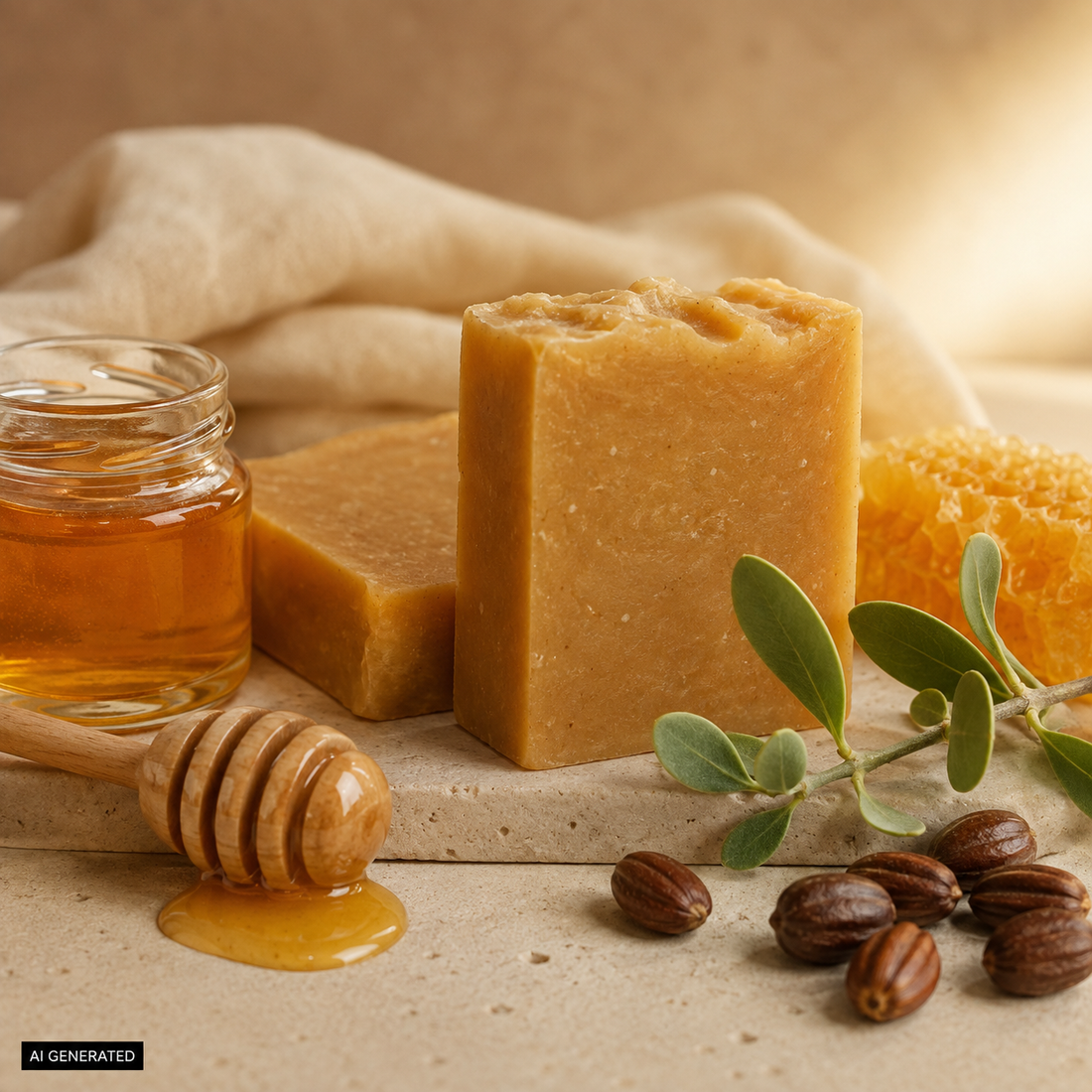 Warmes Stimmungsbild der Honig &amp; Jojoba Gesichtsseife mit echtem Honig, Honigwabe und Jojobasamen als Hinweis auf die reichhaltigen Pflegezutaten.