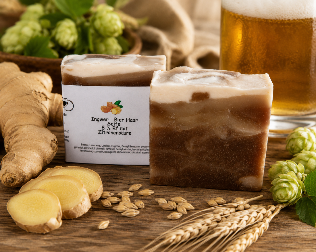 Handgefertigte Ingwer-Bier-Haarseife mit Ingwer, Hopfen und Bier von Der Eulenhof