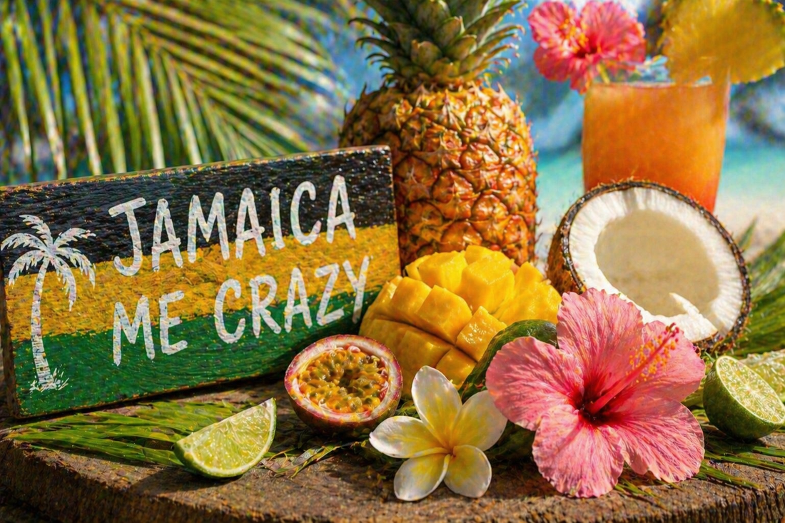 Tropisches Duftbild mit Ananas, Mango, Kokos, Limette und exotischen Blüten in sommerlicher Atmosphäre für Jamaica Me Crazy Fragrance Oil
