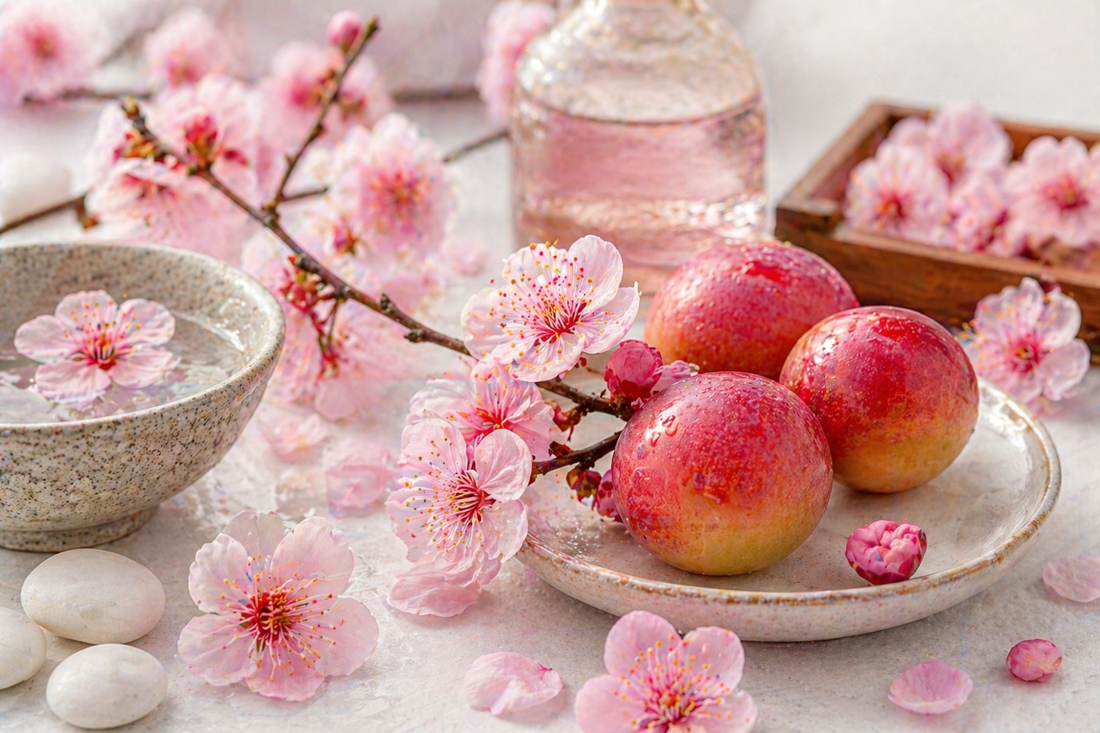 Zartes Duftbild mt Pflaumen und rosafarbenen Blüten auf hellem Hintergrund für Japanese Plum Fragrance oil