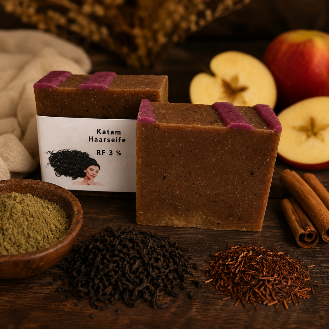 Handgefertigte Katam Haarseife mit braunem Henna und Schwarztee für dunkles Haar von Der Eulenhof