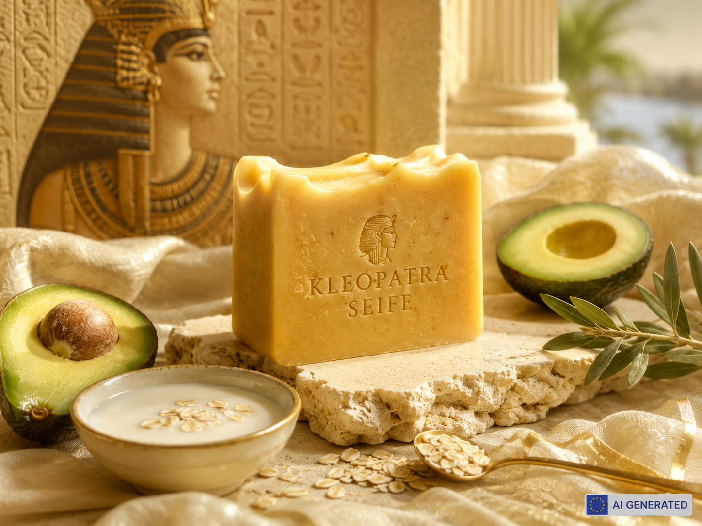Luxuriöse Kleopatra Gesichtsseife mit Avocado und Hafermilch in goldener ägyptischer Pflegestimmung