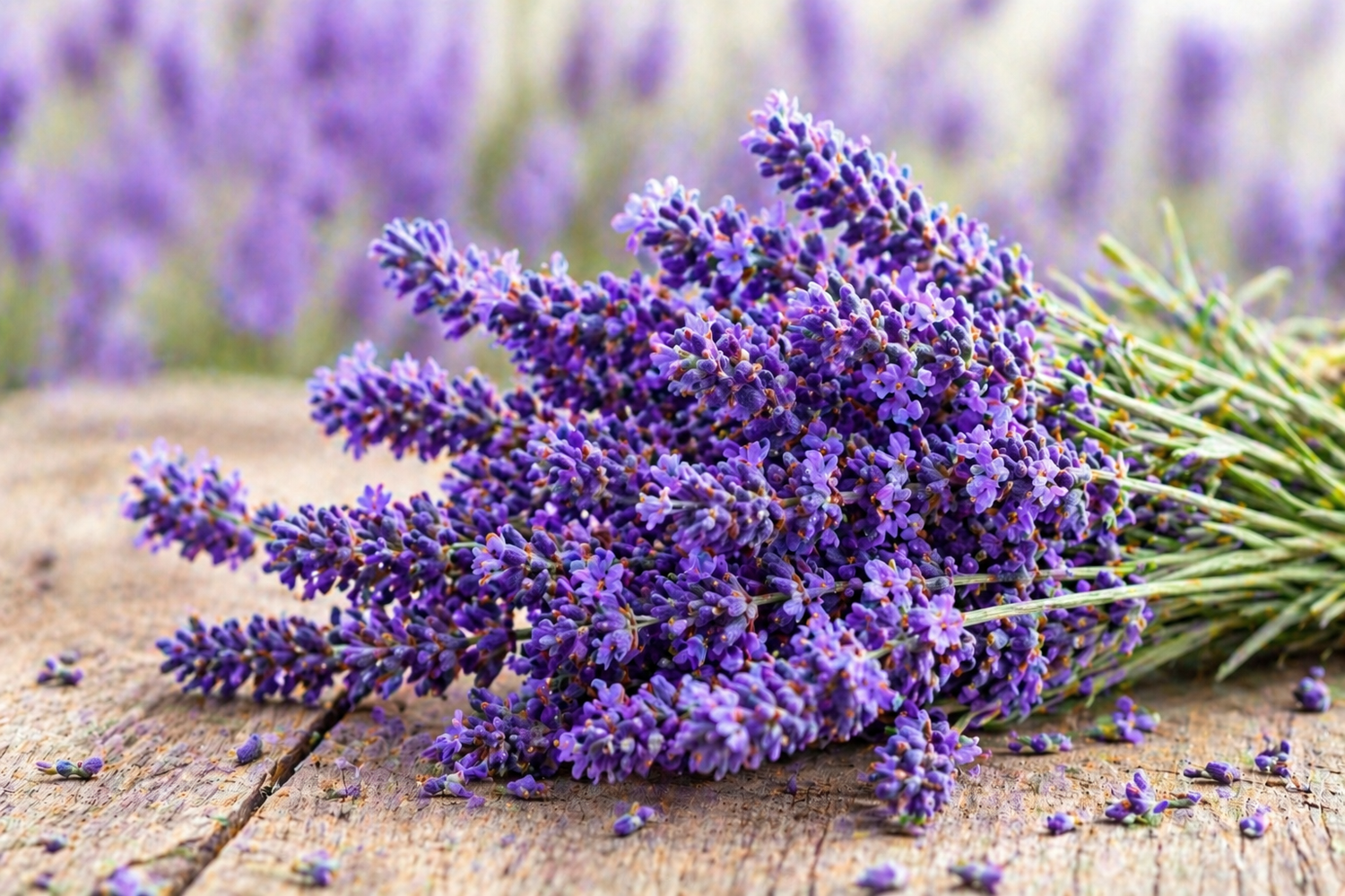 Zartes Duftbild mit feinen violetten Lavendelblüten auf hellem Hintergrund für ätherisches Lavendelöl Angustifolia