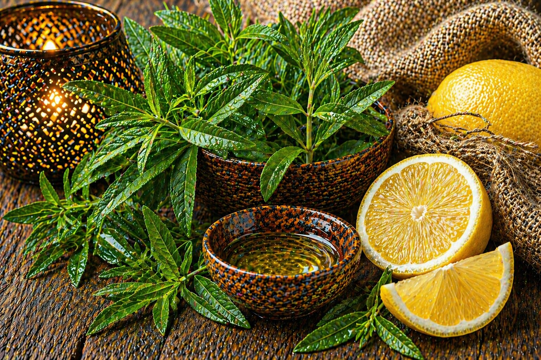 Frisches Duftbild mit Zitronen, Zitronenverbene und natürlicher Kräuterfrische auf rustikalem Hintergrund für Lemon Verbena Fragrance Oil