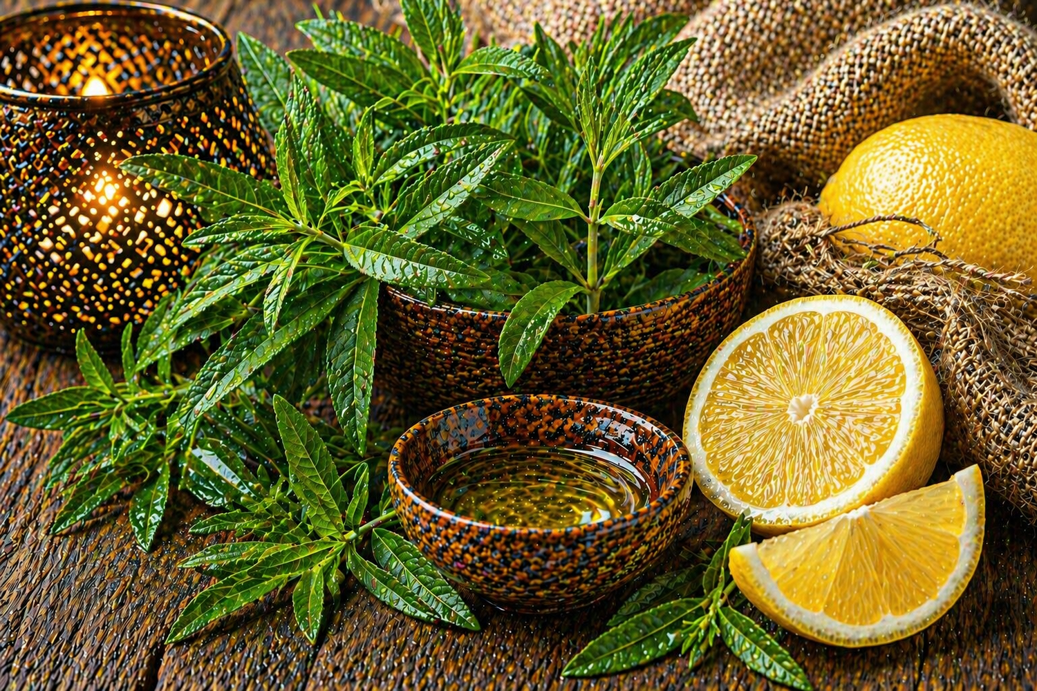 Frisches Duftbild mit Zitronen, Zitronenverbene und natürlicher Kräuterfrische auf rustikalem Hintergrund für Lemon Verbena Fragrance Oil