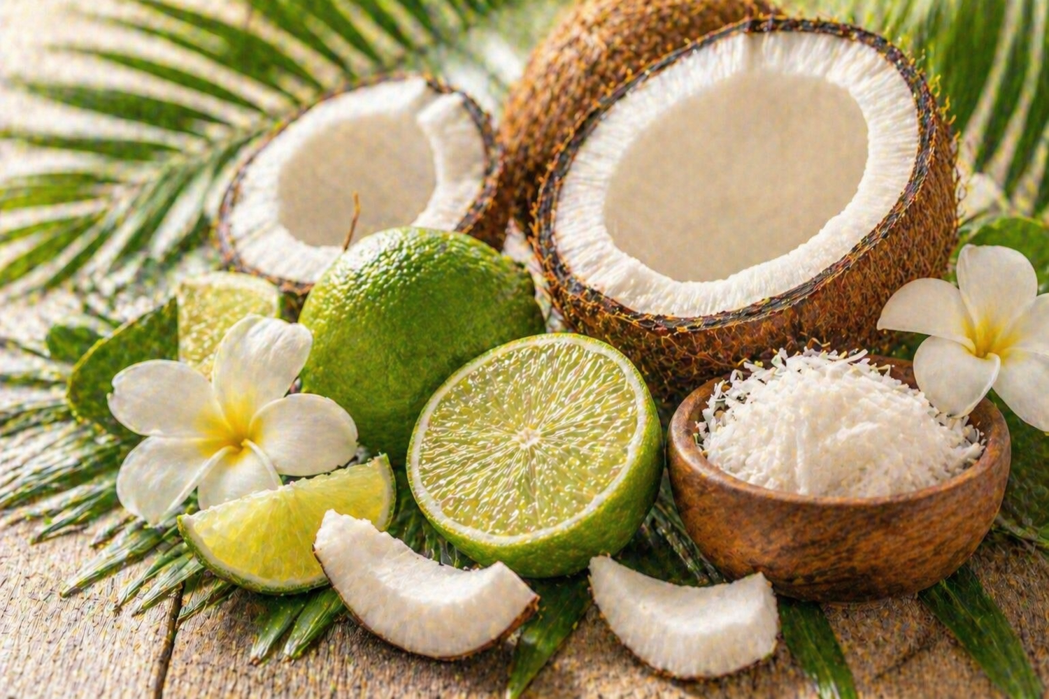 Frisches tropisches Duftbild mit Limetten, Kokosnuss und weißen Blüten auf natürlichem Hintergrund für Lime &amp; Coconut Fragrance Oil