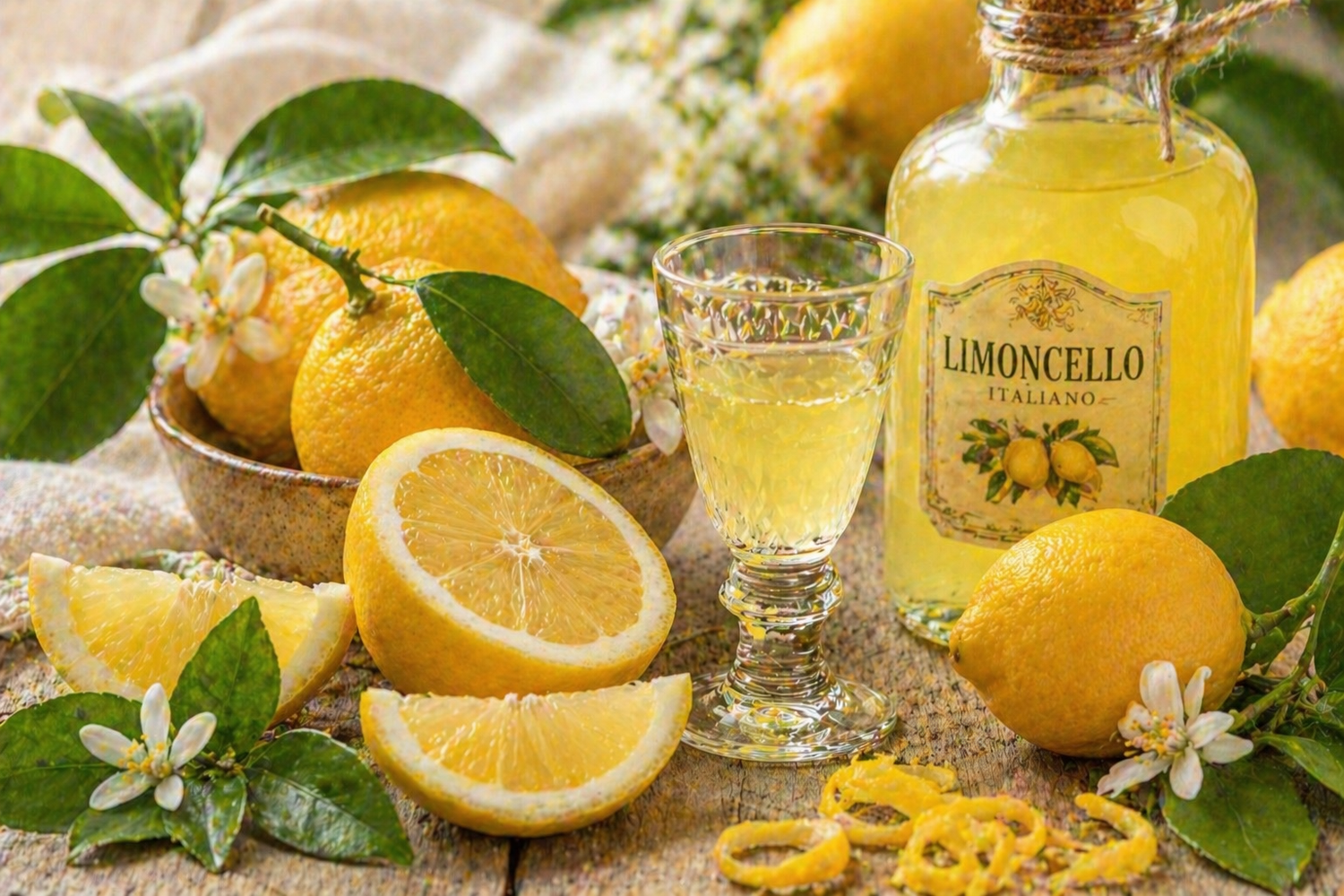 Frisches Duftbild mit Zitronen, Zitronenschalen und grünen Blättern auf natürlichem Hintergrund für Limoncello Fragrance Oil