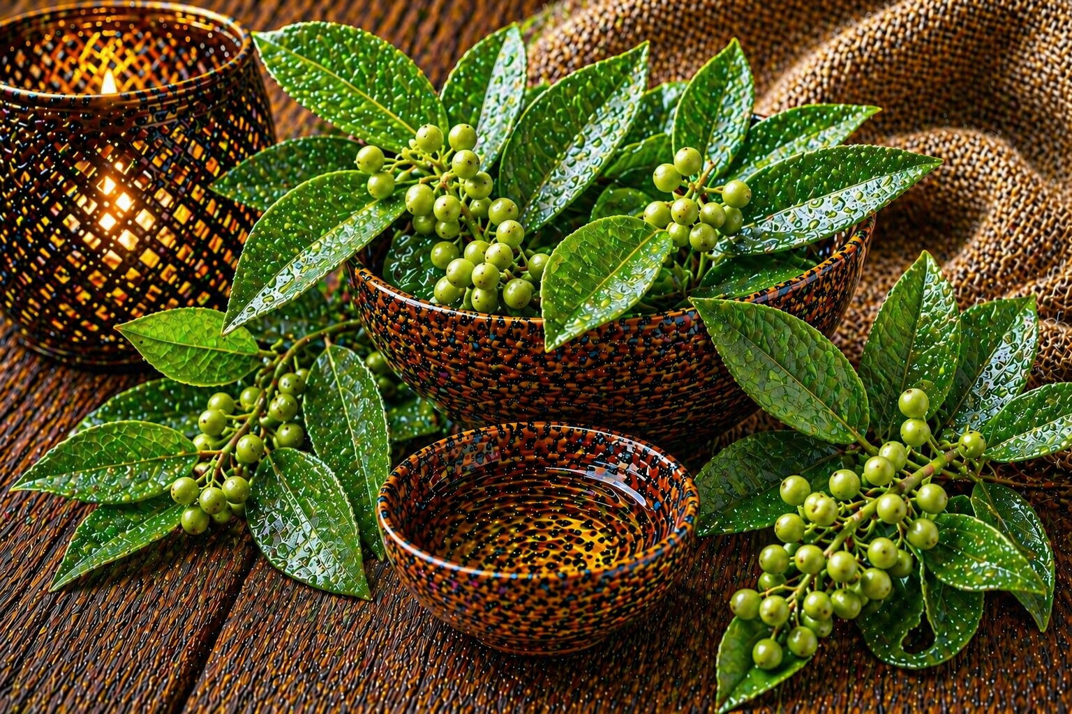 Frisches Duftbild mit grünen Litsea-Cubeba-Blättern und Beeren in natürlicher, belebender Atmosphäre auf rustikalem Hintergrund für ätherisches Litsea Cubeba Öl