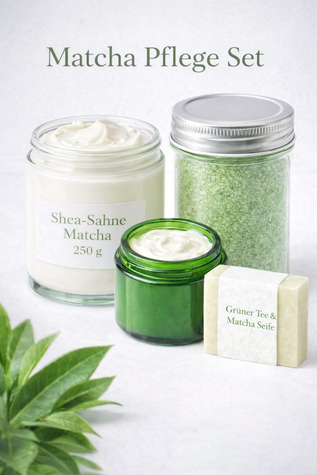 Matcha Pflegeset mit Shea Sahne, Naturseife, Gesichtscreme und Badesalz von Eulenhof
